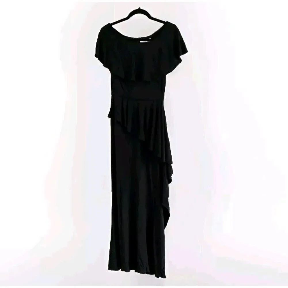 Rickie Freeman For Teri Jon Black Ruffle Dress Maxi Off-shoulder Gown Size 8